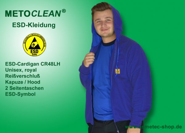 METOCLEAN ESD-Cardigan CR48LH-RB, royalblau, Langarm, Kapuze, unisex - www.asmetec-shop.de