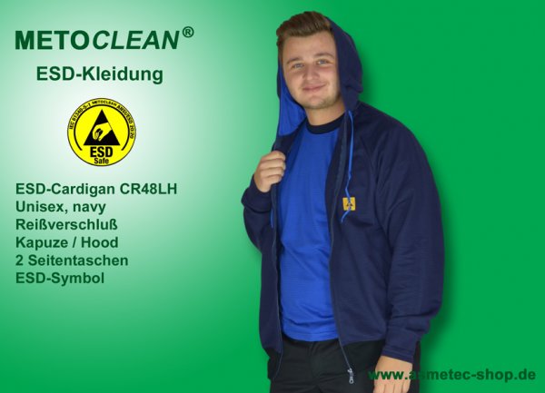 METOCLEAN ESD-Cardigan CR48LH-NB, navy blue, long sleeves, hood, unisex - www.asmetec-shop.de