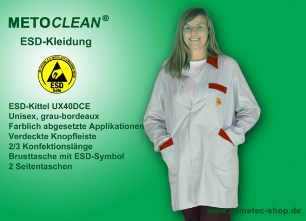 METOCLEAN ESD-Kittel UX40DCE-WDR, weiß-rot - www.asmetec-shop.de