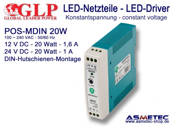 LED-Netzteil POS MDIN-20W24, 24 VDC, 20 Watt - www.asmetec-shop.de