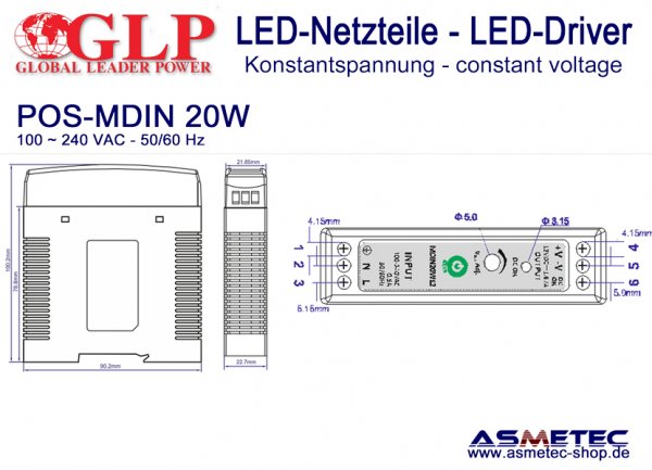 LED-Netzteil POS-MDIN  20W24, 24 VDC, 20 Watt, DIN-Hutschiene