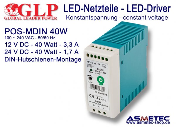 LED-Netzteil POS MDIN-40W12, 12 VDC, 40 Watt