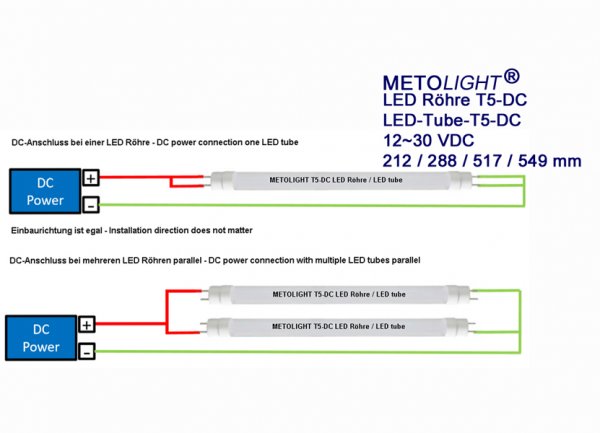 LED Röhre Metolight T5-DC zum Anschluss an Gleichspannung 12 bis 36 V DC