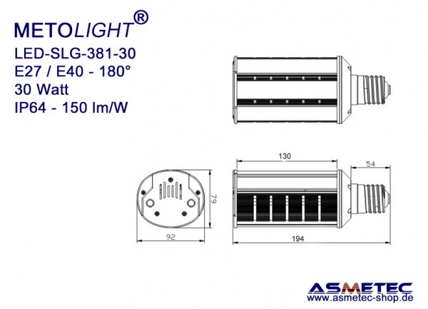 METOLIGHT LED-Lampe SLG381, 20 Watt, 3000 lm, tagweiß, 180°, IP64 - www.asmetec-shop.de