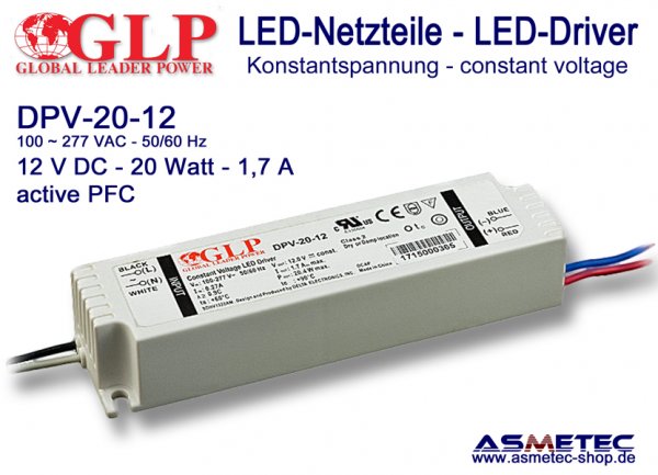 LED-Netzteil GLP - DPV-20-12, 12 VDC, 20 Watt - www.asmetec-shop.de