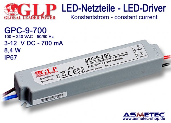 LED-Netzteil GLP - GPC-9-700, 700 mA, 8 Watt - www.asmetec-shop.de