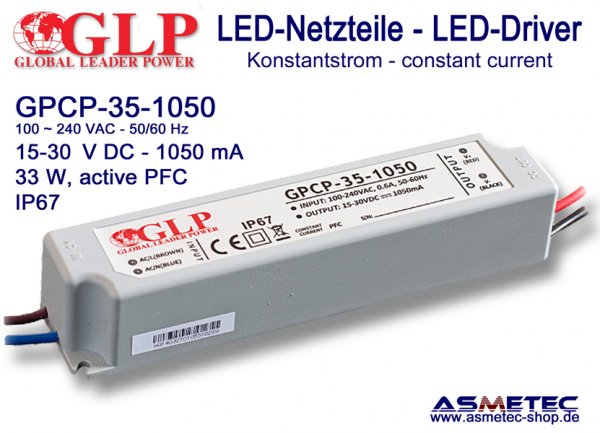 LED-Netzteil GLP - GPCP-35-1050, 1050 mA, 33 Watt - www.asmetec-shop.de