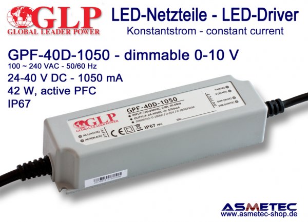 LED-Netzteil GLP - GPF-40D-1050, 1050 mA, 42 Watt, dimmbar - www.asmetec-shop.de