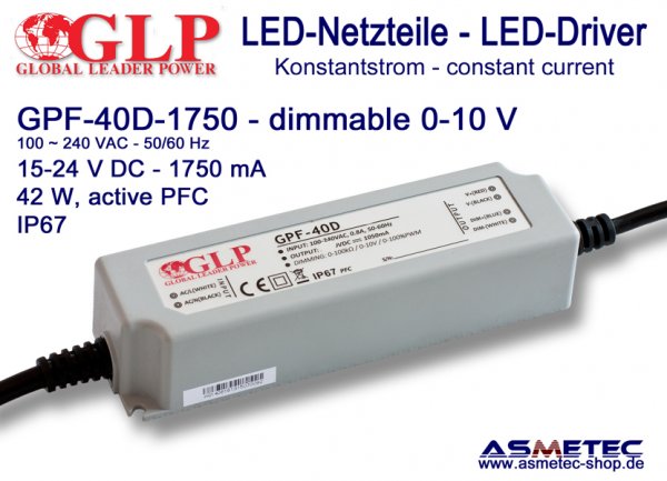 LED-Netzteil GLP - GPF-40D-1750, 1750 mA, 42 Watt, dimmbar - www.asmetec-shop.de