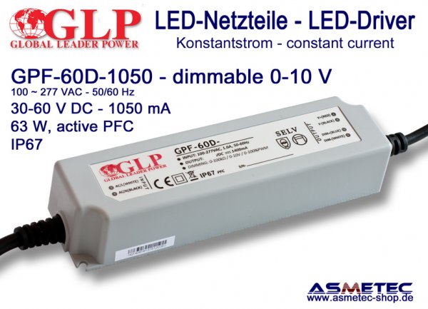 LED-driver GLP - GPF-60D-1050, 1050 mA, 63 Watt , dimmable- www.asmetec-shop.de