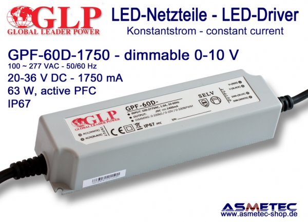 LED-Netzteil GLP - GPF-60D-1750, 1750 mA, 63 Watt, dimmbar - www.asmetec-shop.de