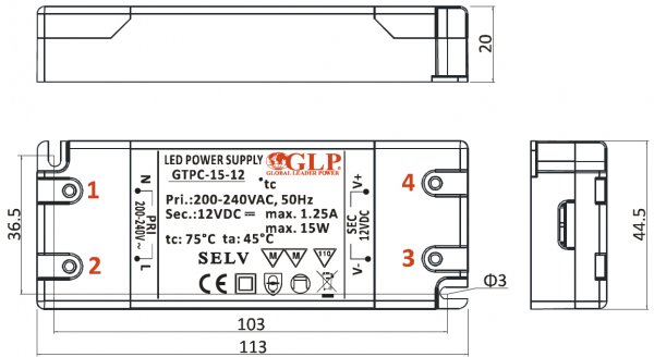 LED-Netzteil GLP - GTPC-15-12, 12 VDC, 15 Watt - www.asmetec-shop.de