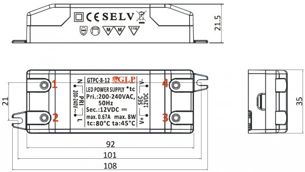 LED-driver GLP - GTPC-8-12, 12 VDC, 8 Watt - www.asmetec-shop.de