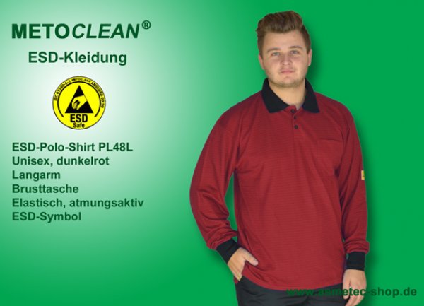METOCLEAN ESD-Polo-Shirt PL48L-DR, rot, Langarm, unisex - www.asmetec-shop.de
