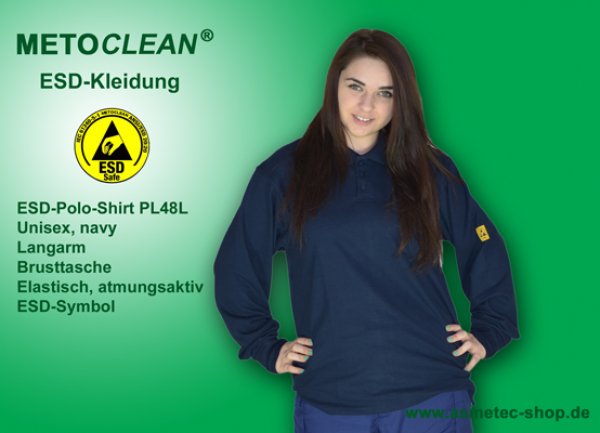 METOCLEAN ESD-Polo-Shirt PL48L-NB, navyblau, Langarm, unisex - www.asmetec-shop.de