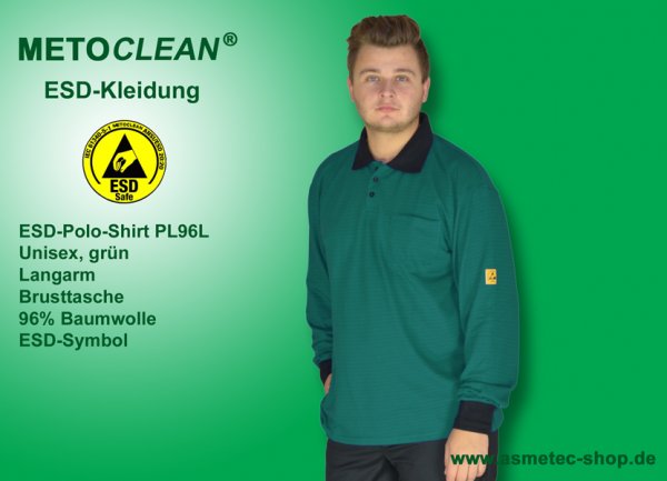 METOCLEAN ESD-Polo-Shirt PL96L, dark green, long sleeves, unisex - www.asmetec-shop.de
