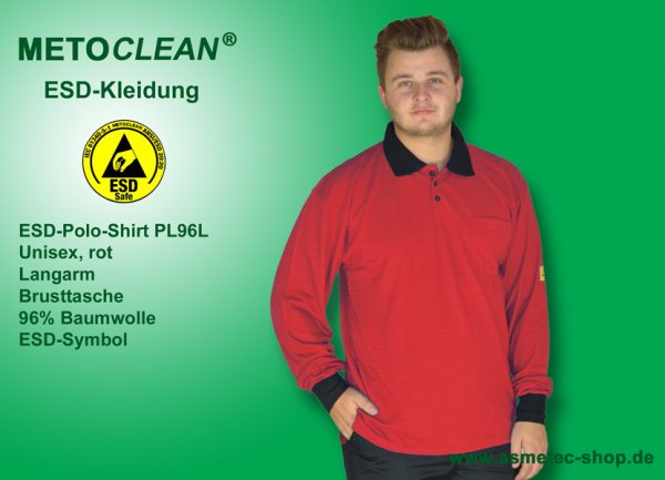 METOCLEAN ESD-Polo-Shirt PL96L, rot, Langarm, unisex - www.asmetec-shop.de