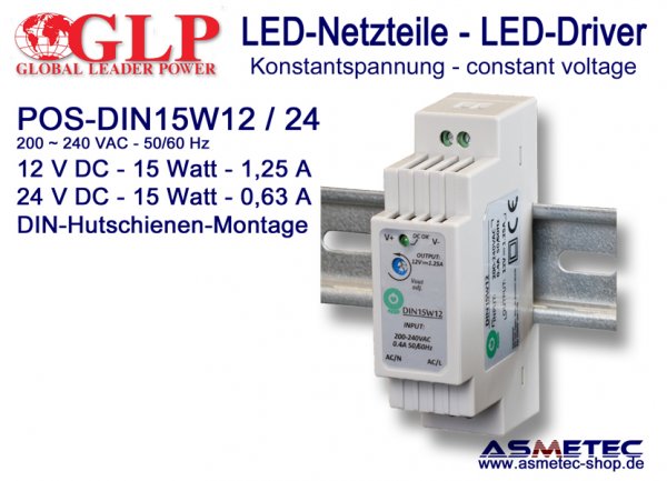 LED-Netzteil POS DIN15W12, 12 VDC, 15 Watt - www.asmetec-shop.de