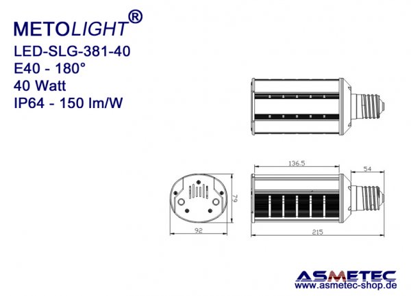 METOLIGHT LED-Lampe SLG381, 40 Watt, 5500 lm, warmweiß, 180°, IP64 - www.asmetec-shop.de